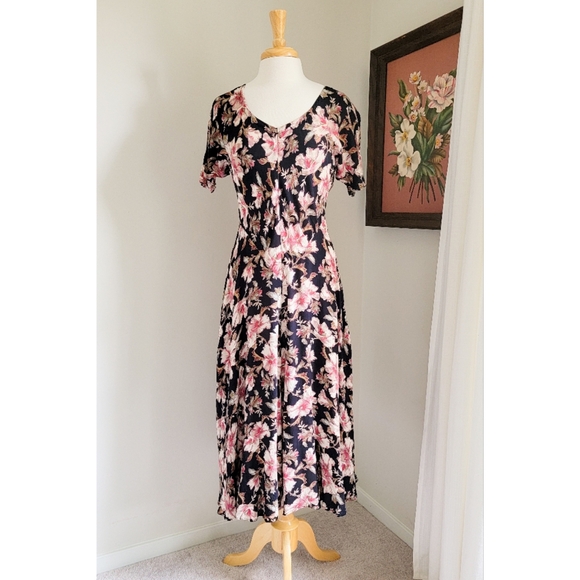 90s Black Floral Bias Cut 1990s Vintage Rayon Gauze V Neck Midi Dress - Picture 10 of 14